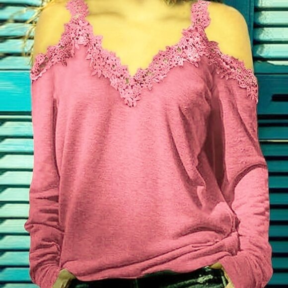 Floral Lace Sexy V-Neck LS Cold Shoulder Top, Pink Heather Women’s 2XL NIP - Picture 4 of 14